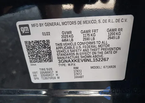 2022 Chevrolet Equinox Fwd Lt из США, поврежденный, VIN 3GNAXKEV6NL152267